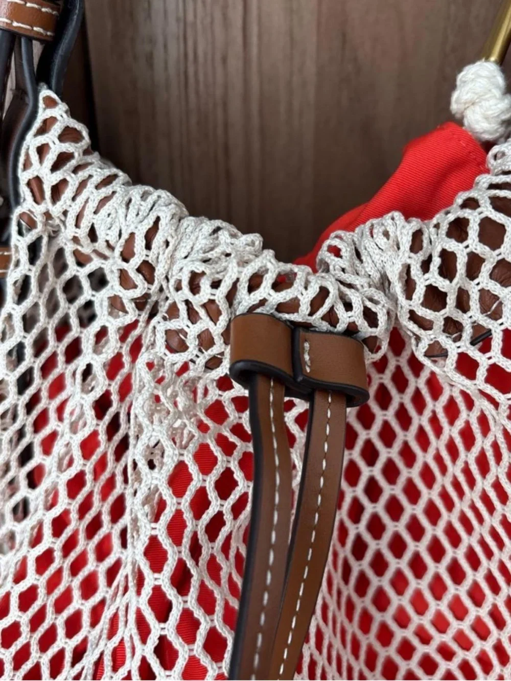 NEW!  Zara Coral - Red Mesh Drawstring Bucket Bag with Brown Leather Trim - Picture 6 of 13